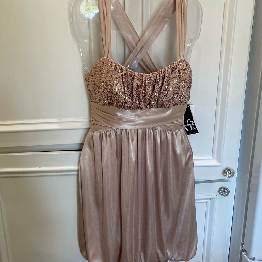 Love Tease Champagne Blush Babydoll Sequin Satin Strappy Bubble Hem